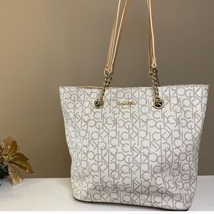Calvin Klein Tote Monogram Pattern Ivory Cream Shoulder Bag